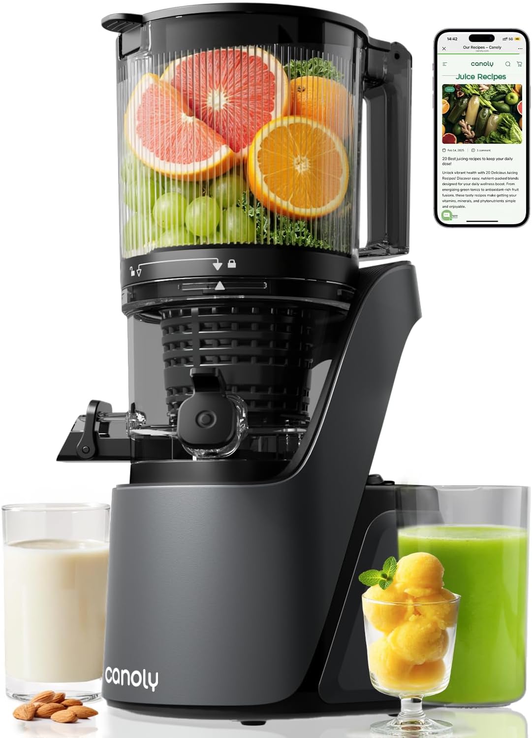 آبمیوه گیری Canoly C16 Cold Press | دهانه بزرگ ۱۵۰ میلی‌متری و ظرفیت ۲.۶ لیتر